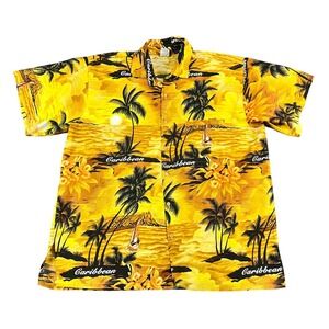 Rima Caribbean Tropical Sunset Palm Tree Yellow Terivoile Shirt Mens XL